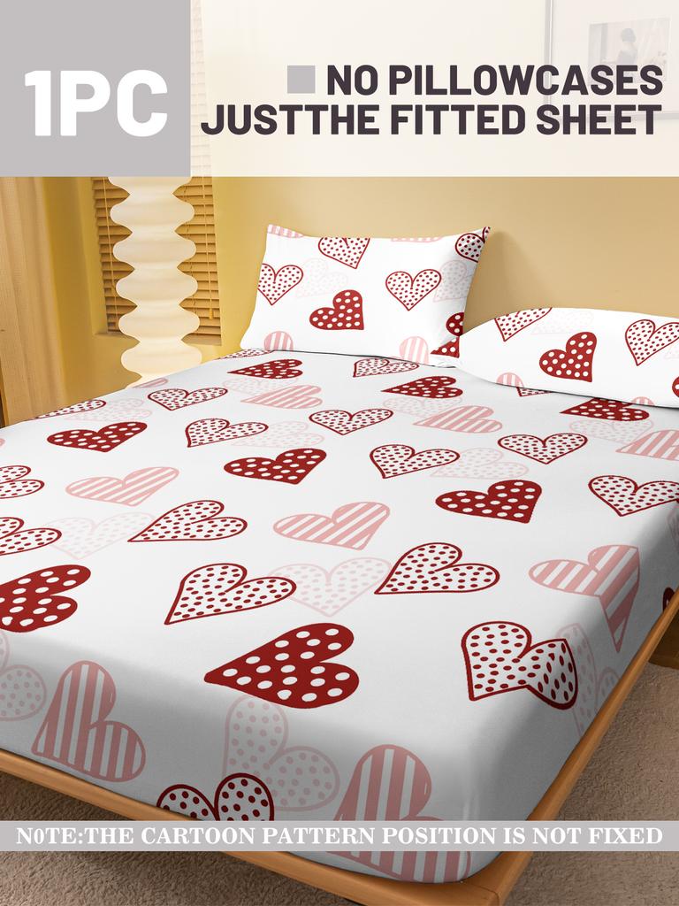 Simple 1 Modern Heart-Shaped Geometry Printed Matte Fitted Sheet, Bedroom Printed Bed Cover, Bedding Excluding Pillowcases