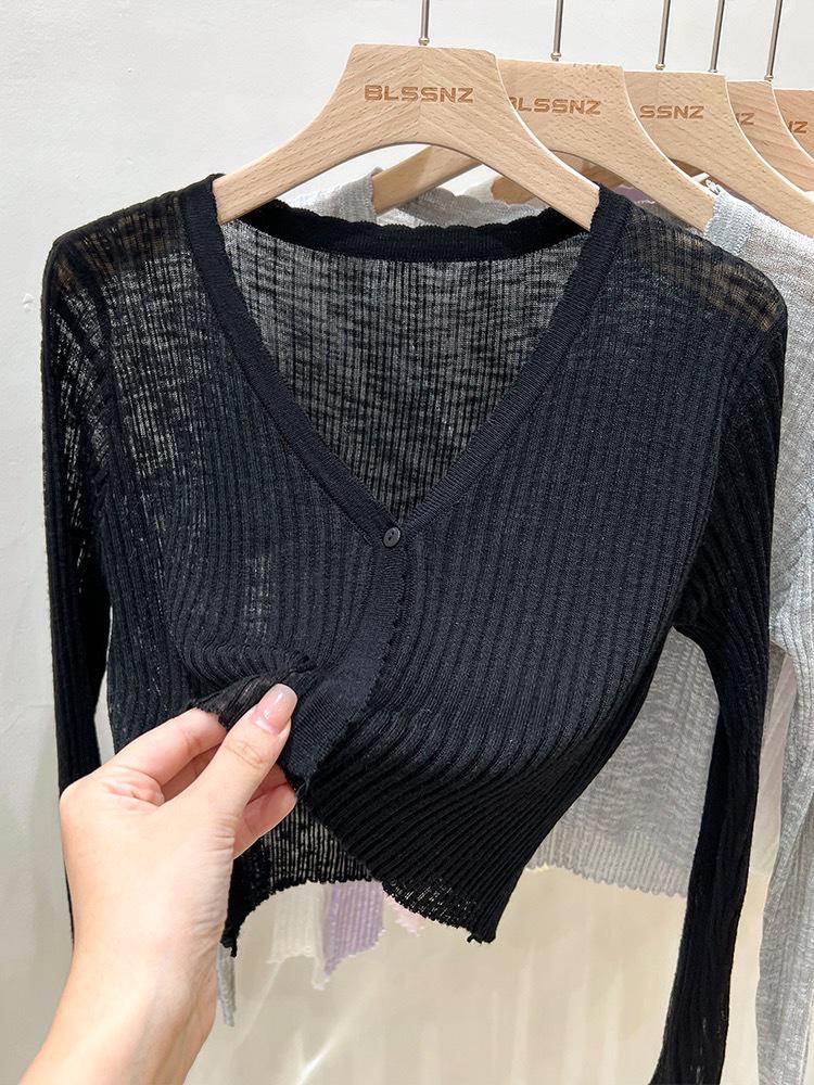 Svart Kofta med Lång Ärm i Is-Silke: Lättstickad sommartopp, Luftkonditioneringsskjorta, Solskyddssjal för kvinnor.