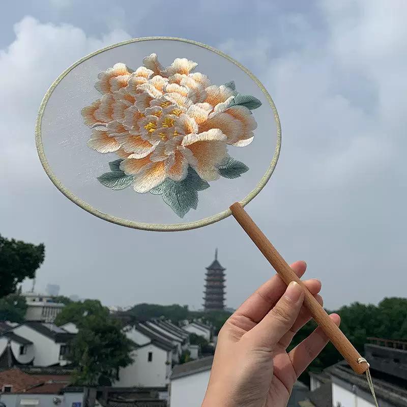 Embroidered Round Fan, Chinese Ancient Style Round Fan, Fairy-Like Hanfu Cheongsam Fan, Classical Palace Fan, Gardenia Jasmine Dance Fan