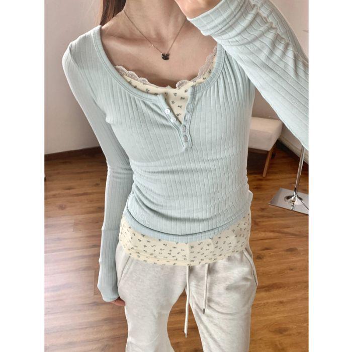 

Женский топ два-в-одном с длинными рукавами и цветочным принтом, отделанный кружевом Extra Large мятный зеленый