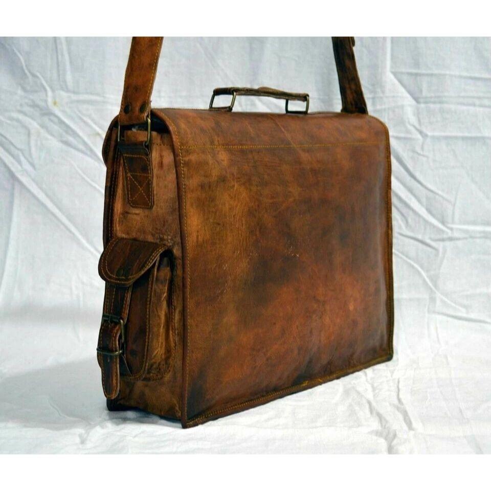 Men's Genuine Vintage Fat Stich Leather Messenger Shoulder Laptop Bag Briefcase