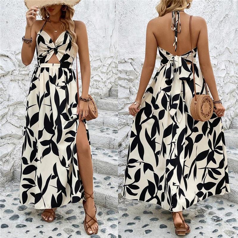 Women's Summer New Style Hollow Twisted Pleated Halter Printed Dress Temperament Romantic Beach Casual Long Skirt
