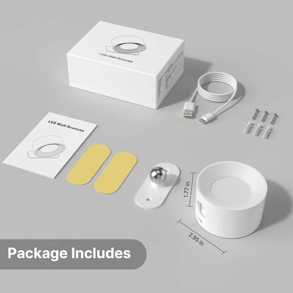 Modern LED Wall Sconces Lamp, 2000mA Battery USB Charging, Touch Controlled 3-level Brightness Modes, 360 Degree Free Rotation