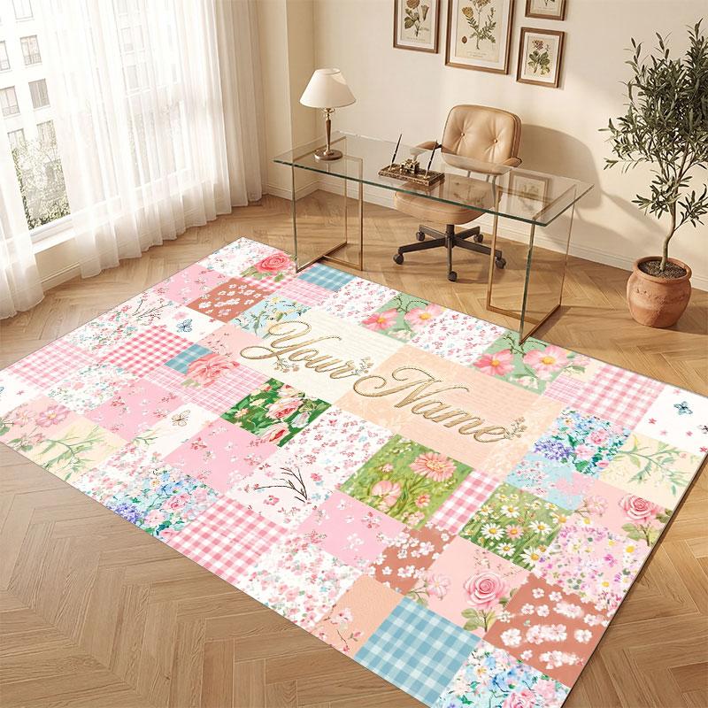 Floral Garden Theme Crystal Velvet Floor Rug Personalized Custom Name Text Warm Carpet Home Decoration