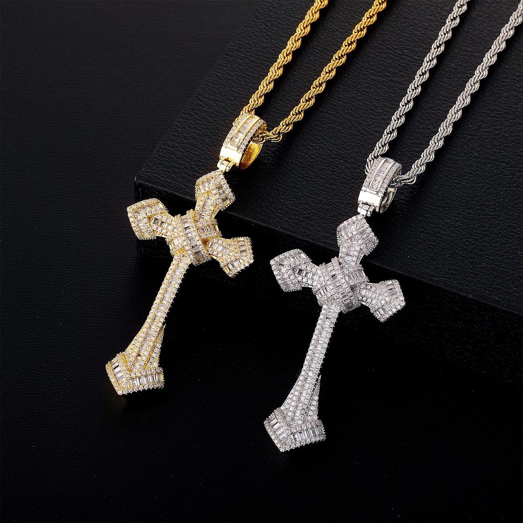 Copper Inlaid Zirconium Full Diamond Ladder Retro Size Cross Pendant Hip Hop Trend Men's Necklace Accessories