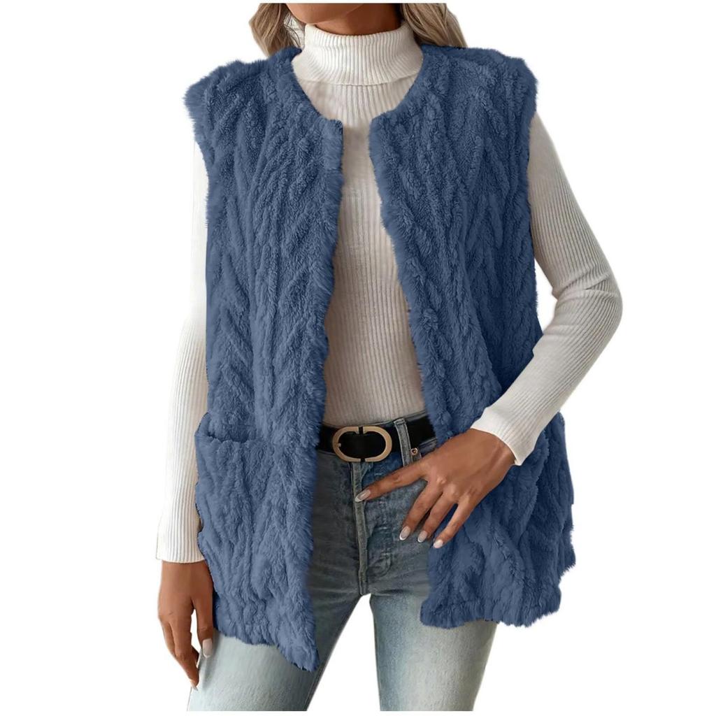 Women's Double-sided Fleece Sleeveless Cardigan Vest With Pockets Casual Loose Open Front Outfit  For European American Hot Sale