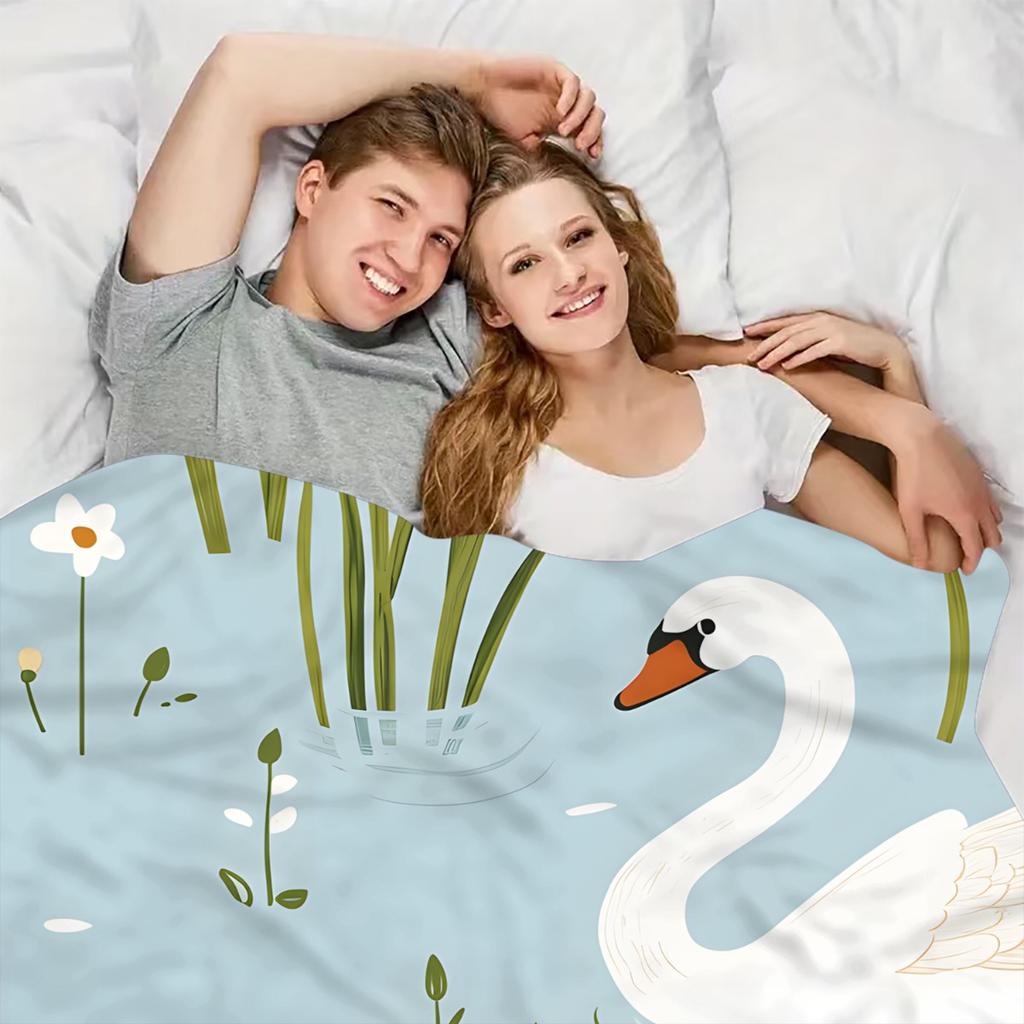 1pc Flannel Blanket - Soft All-Season Lightweight Throw with Elegant Swan Lake Design In White, Green, Blue - Perfect for Home,