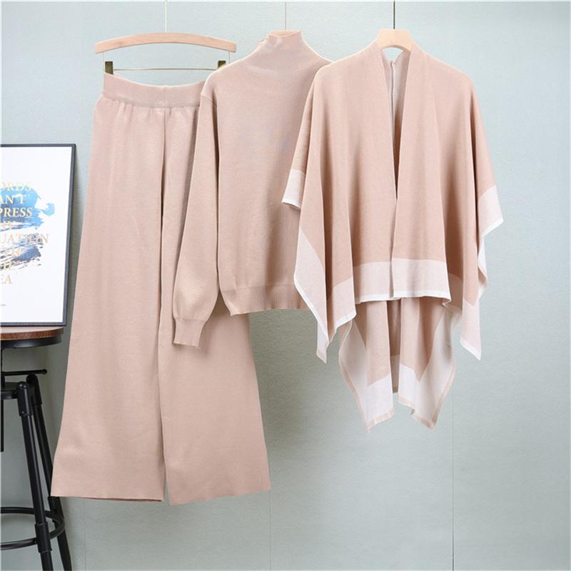Women's Autumn Shawl Knitted Sweater Loose Wide Leg Pants Three Piece Suit Fashionable Casual Jacket Sweater Suit