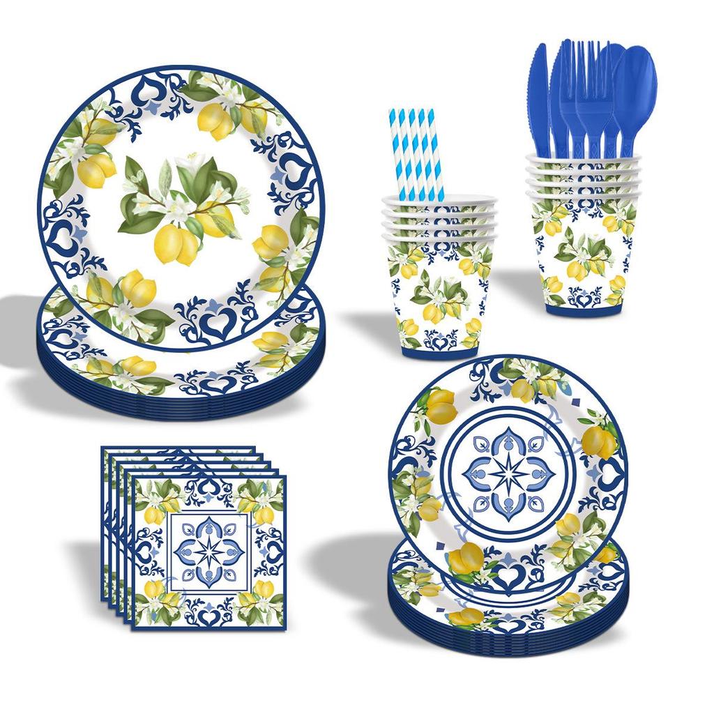 Cross-Border Blue & White Porcelain-Themed Disposable Party Set: Plates, Cups, Napkins for Birthday Decorations.