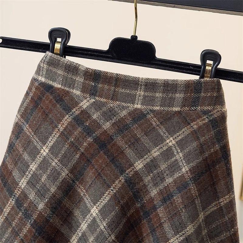 Maillard Retro Plaid Wool A-Line Skirt - Women's Mid-Length for Autumn/Winter