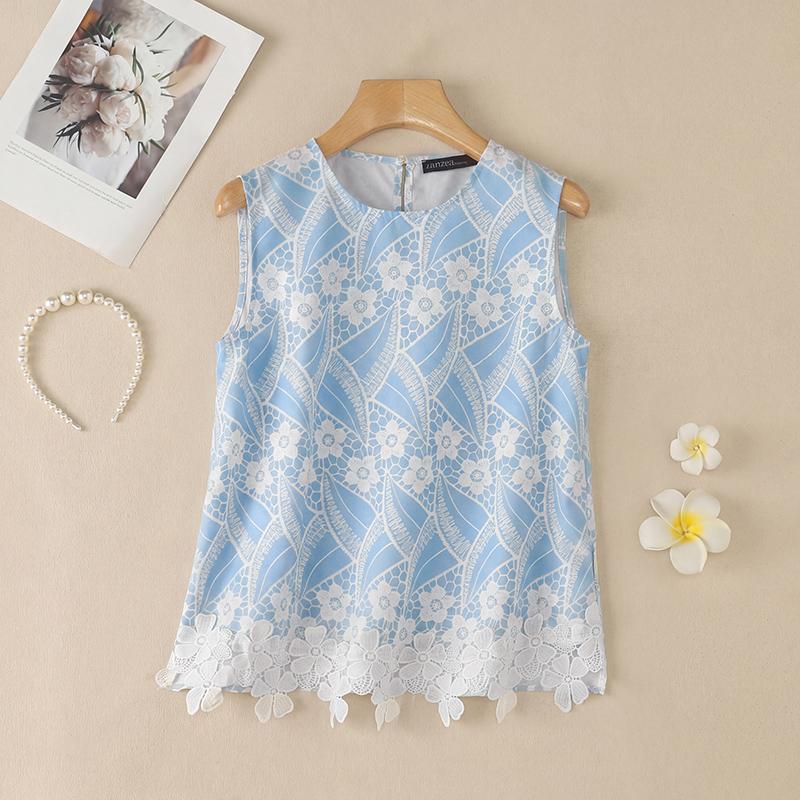 ZANZEA Women Floral Print Casual Round Neck Sleeveless Splice Tank Tops