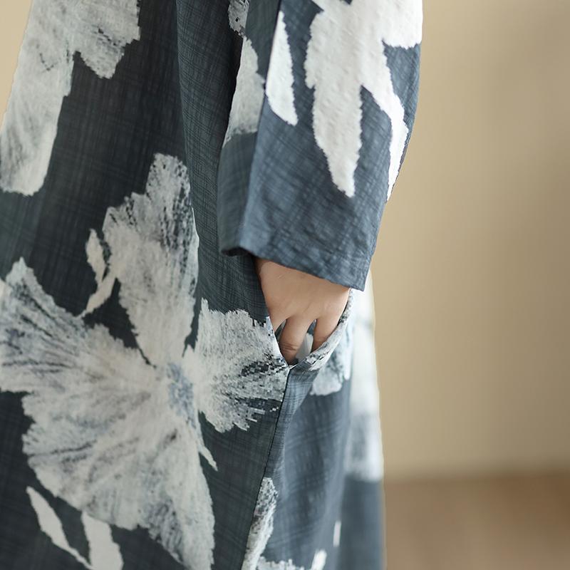 DIMANAF 2025 Women Plus Size Spring Long Dress Loose V-Neck Printing Vintage Casual Floral Oversize Long Sleeve 5060