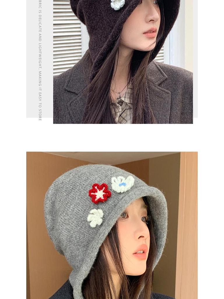 Japanese Style Ear Protection Tie Hat - Women's Windproof, Warm Slouchy Beanie with Floral Wrap for Autumn and Winter