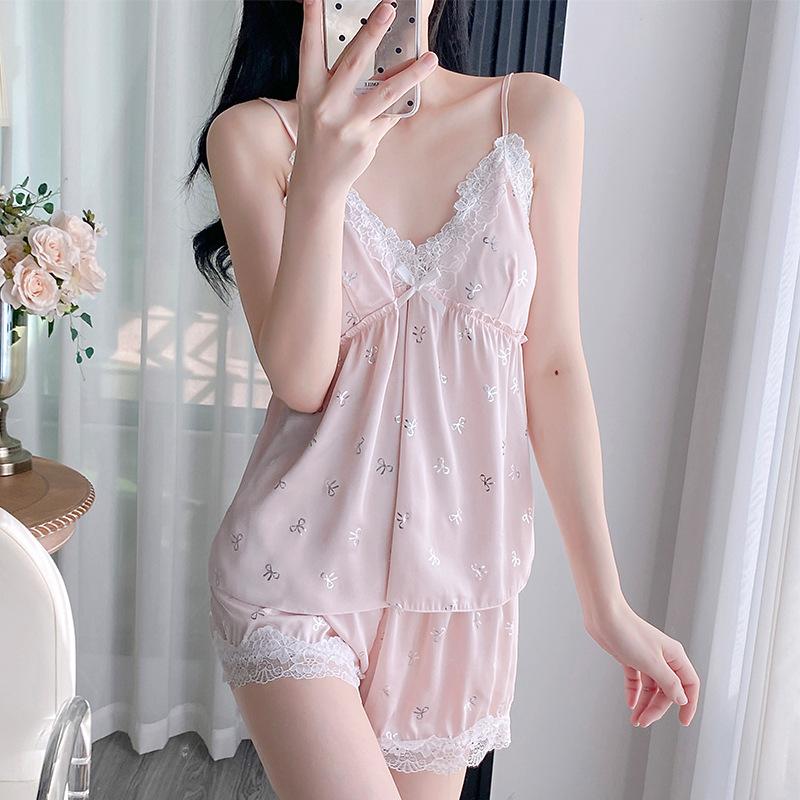 Women’s Summer Ice Silk Pajama Set Camisole Top and Shorts Sweet Sexy Pure Style Loungewear Sleepwear