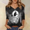 Women's Casual V-Neck 3/4 Sleeve Top with Halloween Print for Holiday Party and Daily Wear