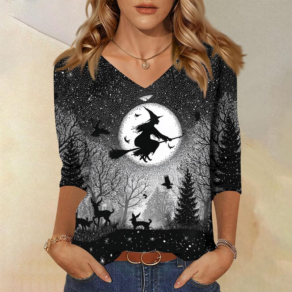 Women's Casual V-Neck 3/4 Sleeve Top with Halloween Print for Holiday Party and Daily Wear