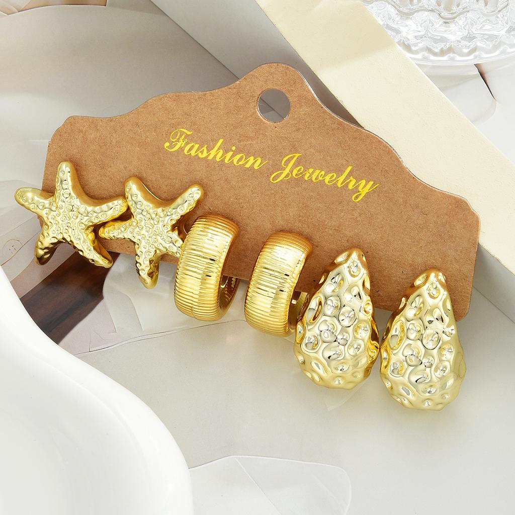 9 Pairs Gold Color Ocean Beach Earring Set For Women Starfish Shell Conch Seashell Chunky Textured Stud Earrings Summer Jewelry