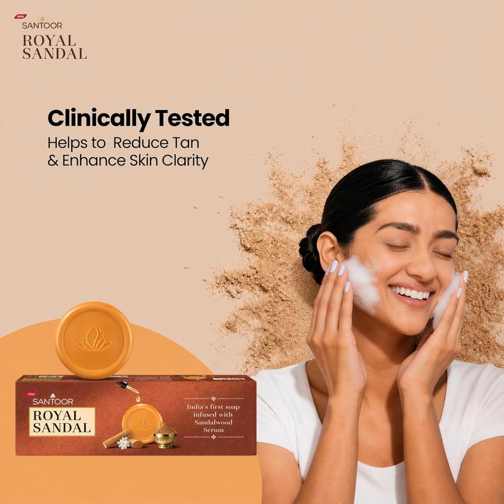 Santoor Royal Sandal Detan Soap Pack of 1 3N X 150g Natural Sandalwood Oil Skin Brightening Complexion Glowing Soap