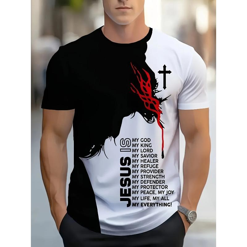 1pc Men'S Casual Polyester T-Shirt with 3D Jesus Graphic Print,Crew Neck,Short Sleeve,Slight Stretch Knit Fabri