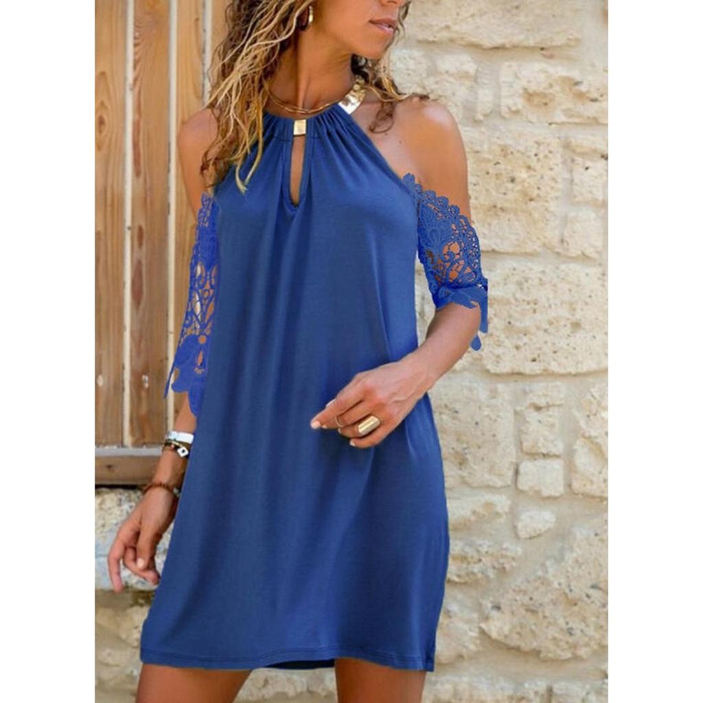 Summer Fashion Women's Sleeveless Strapless Halter Pure Color Lace Hollow Casual Short Mini Dress