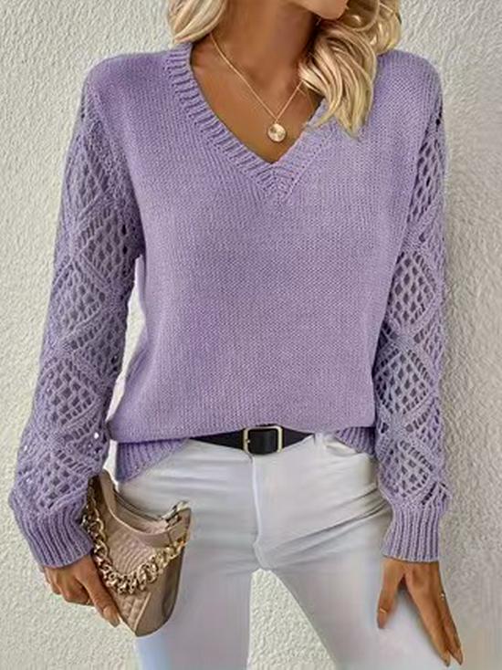 Maglione Solido a Maniche Lunghe Scollo a V Intrecciato Xiyin