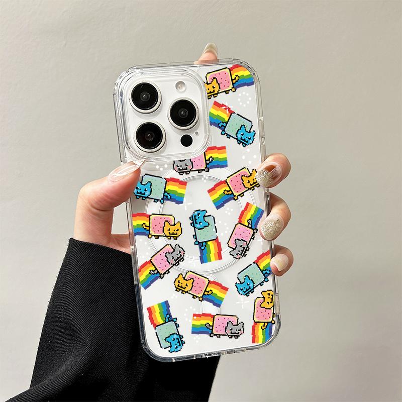 Rainbow Cat Wireless Charging Case for iPhone 17 Air 16 E 15 14 13 12 Mini 11 Pro Max Dustproof Transparent Silicone Edge Cover