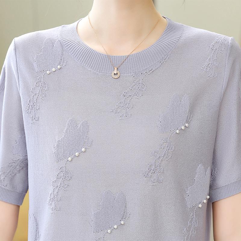Stylish Ice Silk Knit T-Shirt – Short-Sleeve Round Neck for Middle-Aged and Elderly Women