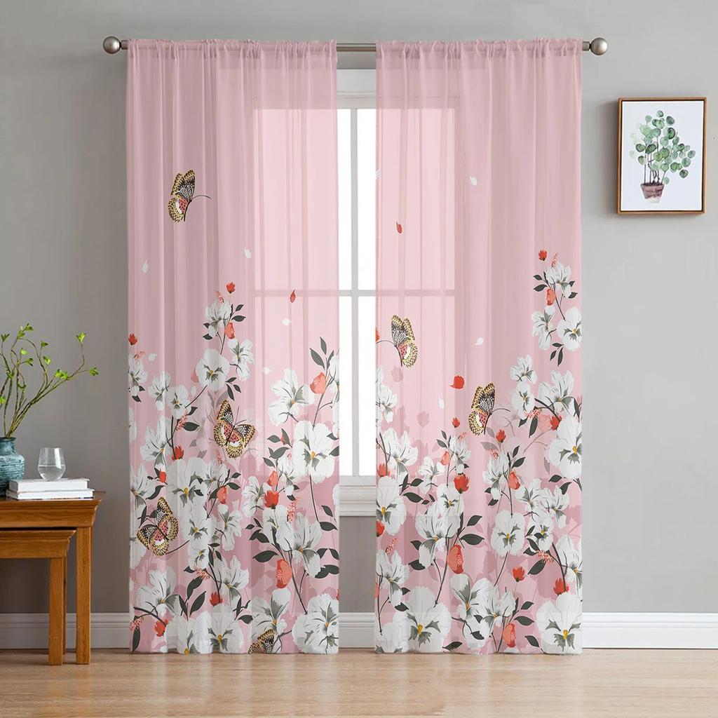 Spring Brown Background Peach Blossom Tulle Curtains for Living Room Home Decor Window Curtain Kitchen Sheer Voile Curtain