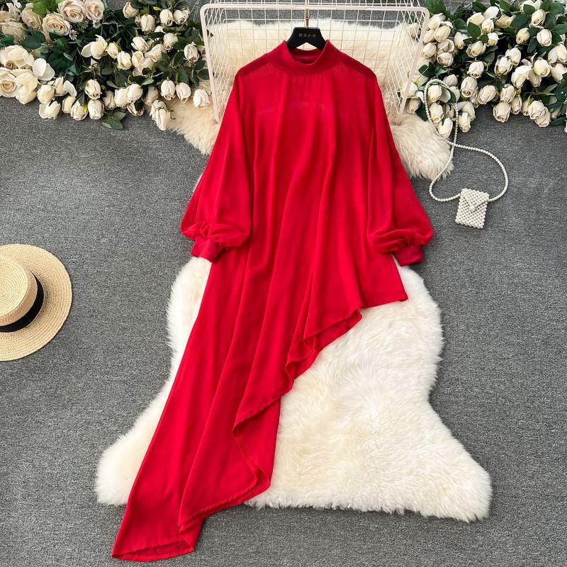 

Европейские товары Большие размеры Женская одежда Стильные шифоновые блузки для женщин Стильное асимметричное средней длины длинное платье с пышными рукавами Женщины Red XL