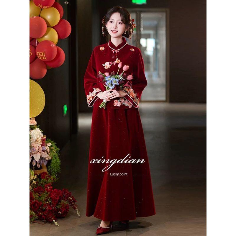 100kg Toasting Dress Bride Engagement New Chinese Style Xiuhe Dress Wedding Dress Foreign Trade Plus Size Women s Fashion 1129 Sets L
