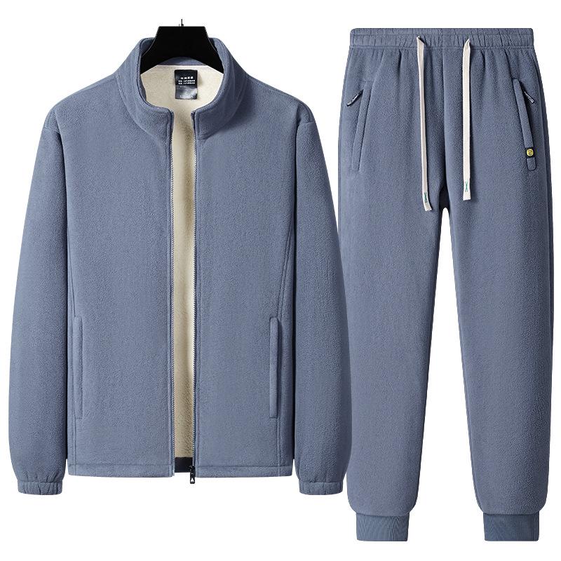 Men's Warm Winter Two-Piece Set: Stand-Collar Lambswool Fleece Jacket and Casual Pants.