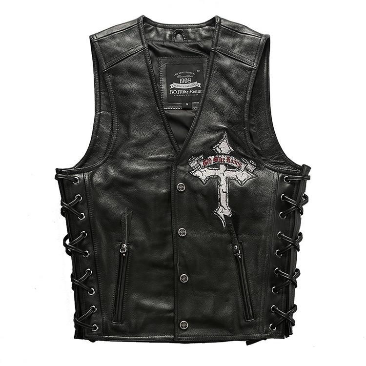 Harley vest V-neck leather locomotive vest men's direct supply skull embroidered cowhide vest