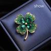 Green Rhinestone Shiny Four Leaf Clover Brooch Pin, Versatile Accessory For Cardigan Coat Hat Perfect Fashion Gift For Women