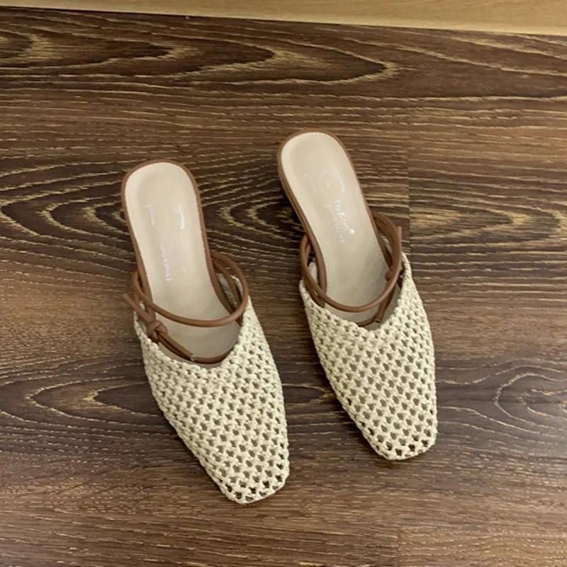 Fashion Summer New Women Slip On Mules Shoes Fashion Cane Weave Ladies Sandal Shoes Square Low Heel Outdoor Casual Slipper