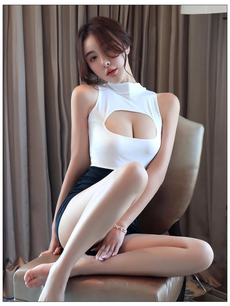 Cosplay Office Lady Pencil Dress Women Sexy Lingerie Stewardess Outfit Secretary Open Chest Mini Dress Role Play Night Club Wear