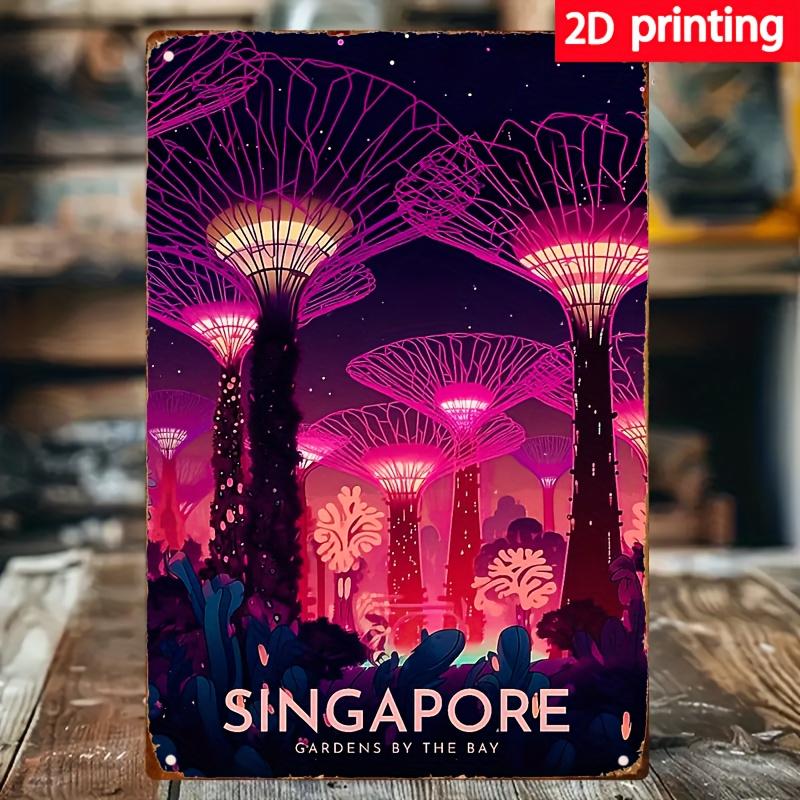 Vintage Singapore Gardens Metal Wall Art Waterproof Iron Sign with Vibrant Nighttime Mushroom Design Rustic Home BarFarmho