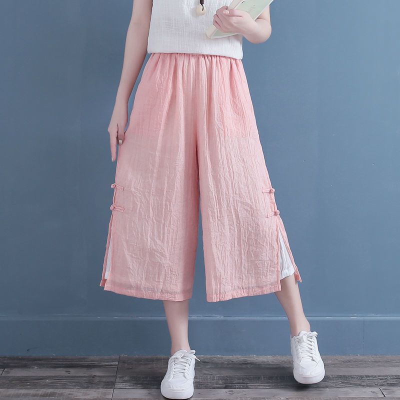 

Летние женские широкие брюки, двухслойные, свободного покроя, в этническом стиле, из хлопка и льна, прямые, повседневные брюки для йоги M