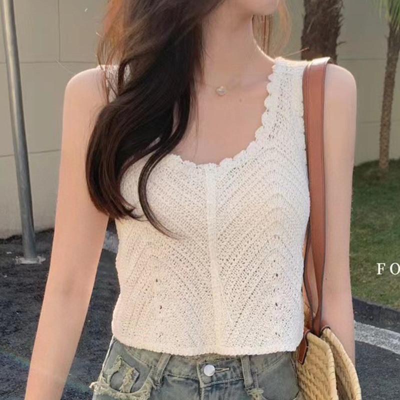 2026 New Korean Style Sweet Temperament Crochet Camisole Summer Vintage Solid Color Sleeveless Top Versatile Casual Vest for Women