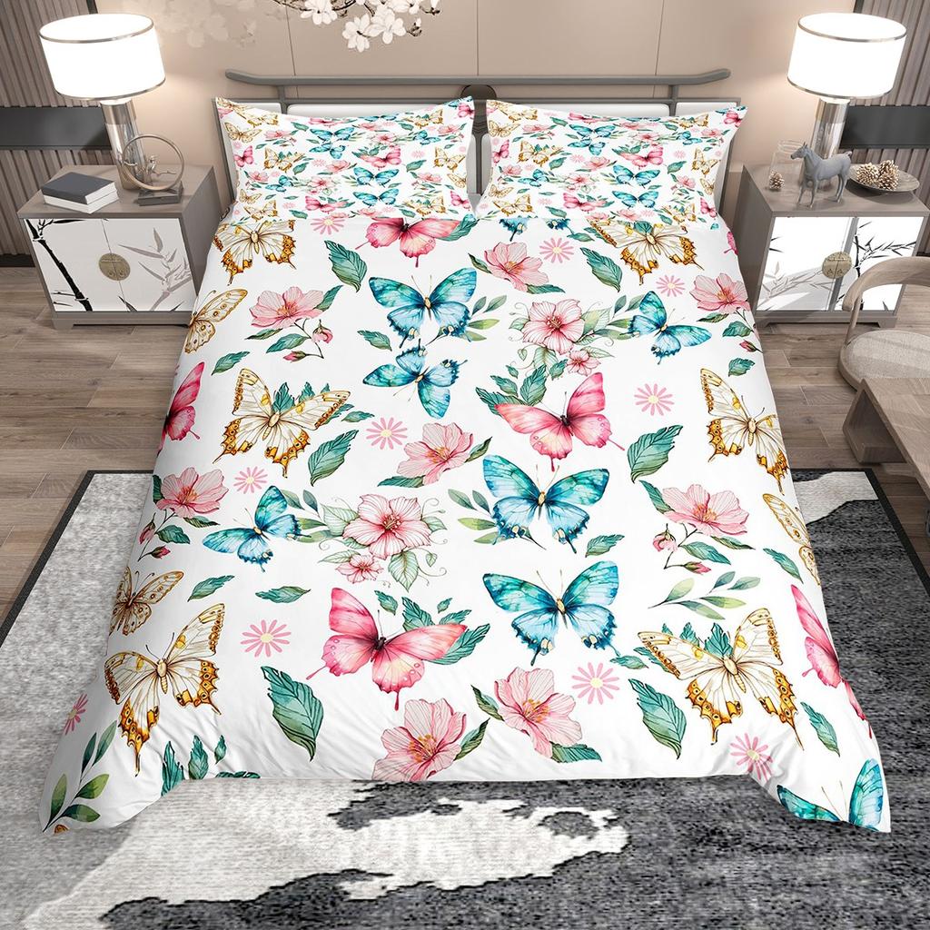 Homewish Girls Butterfly Duvet Cover Set, Chic Glitter Sequin Print Bed Set, Wild Animal Quilt Cover Set