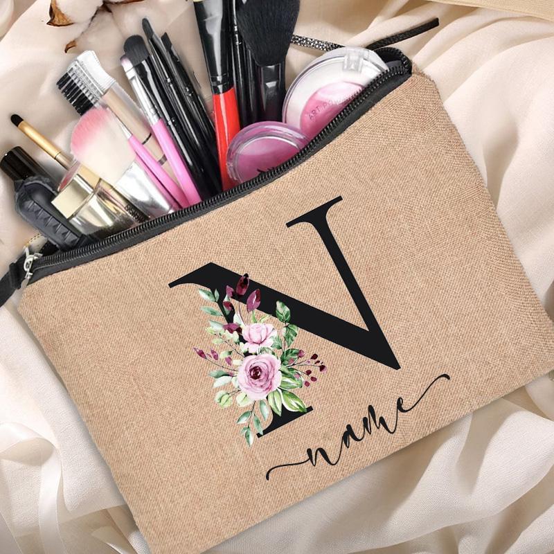 Linen Makeup Bag Customized Personalized Name Cosmetic Bag Bridesmaid Clutch Outdoor Travel Beauty  Bachelor Party Lipstick Bag