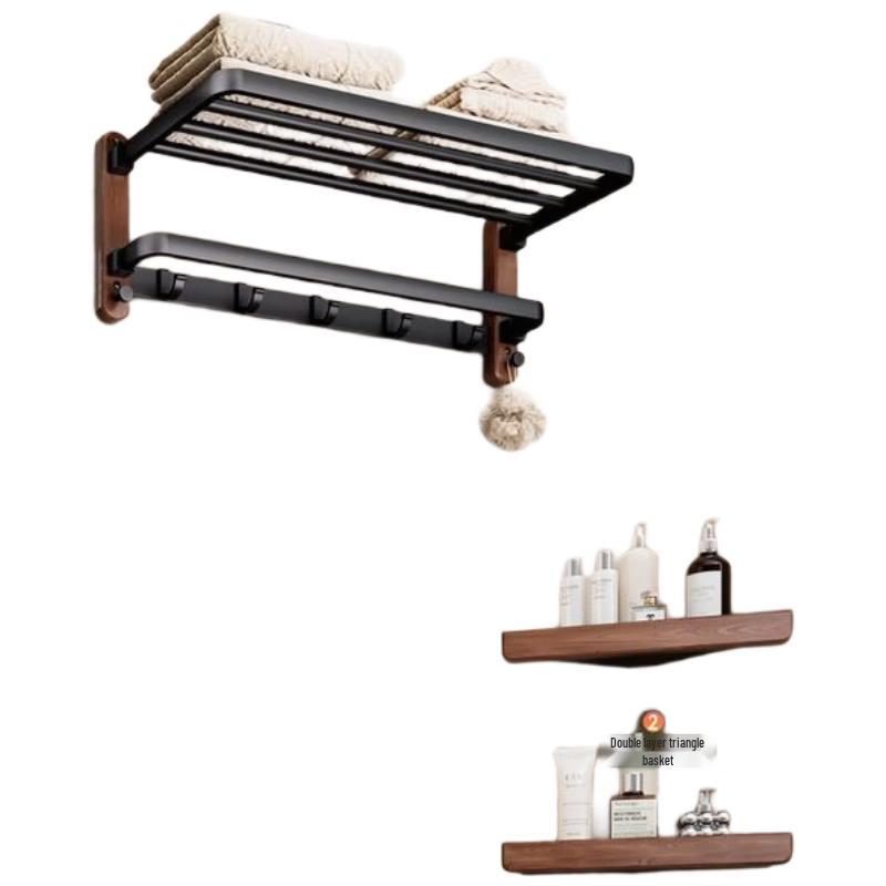 

HANDUNYOU Black Walnut Bathroom Towel Rack with Storage (2-Piece Set)