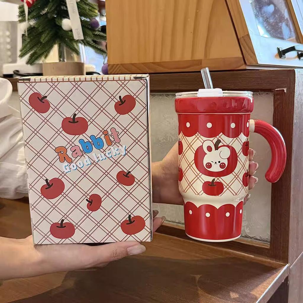 Straw Cup with Lid High Value Ins Mug Couple Ceramic Water Cup Large Capacity Birthday Gift for Girls
