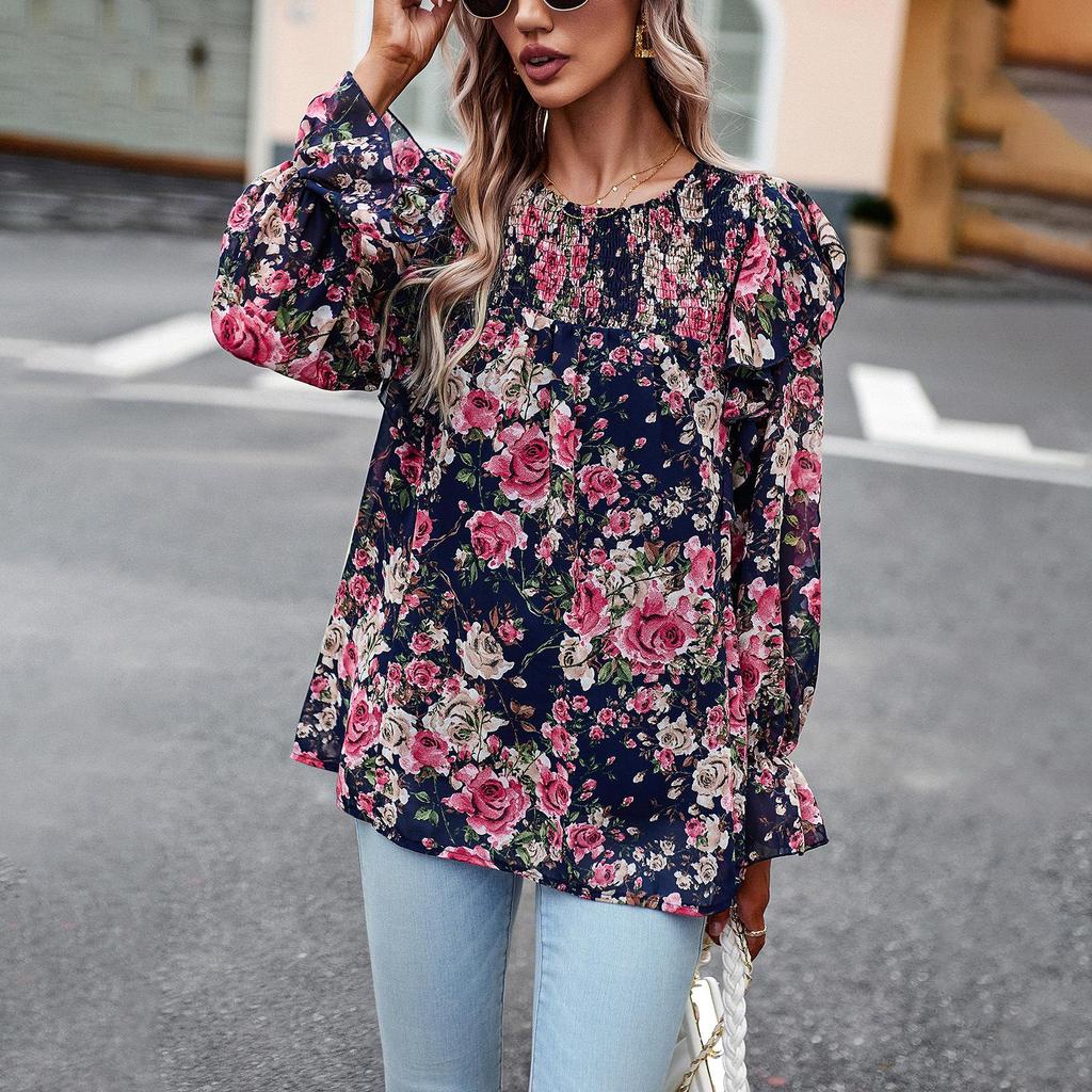 Women's Autumn Winter O Neck Ruffles Lantern Sleeve Floral Commuter Shirt Printed Shirt Tops