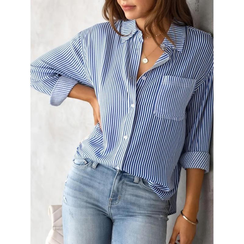 Camisas Casuais Femininas Listradas Soltas de Manga Longa