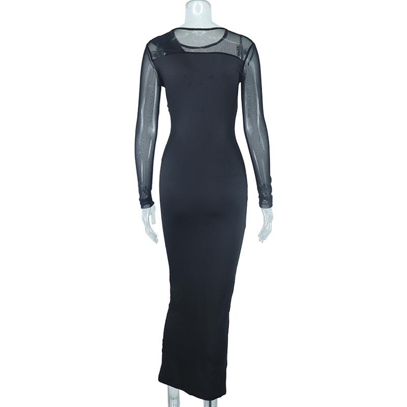 European and American Fashion Women's Round Neck Mesh Splicing Long Sleeved Medium To Long Tight Dress