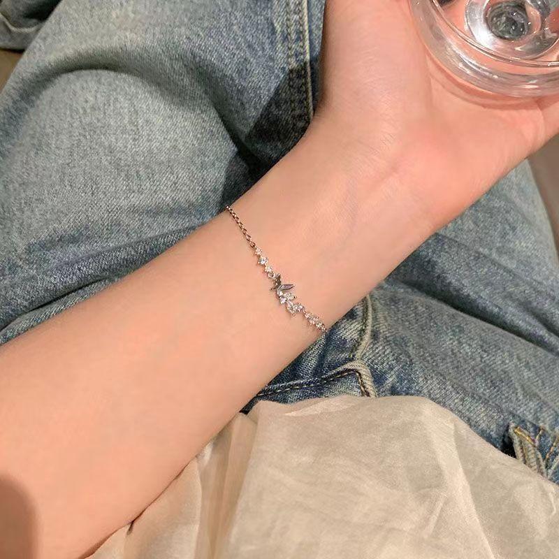 Slender Shiny Sterling Silver Full Zircon Double Butterflies Bracelet for Woman Exquisite Jewelry Accessories Girlfriend's Gifts