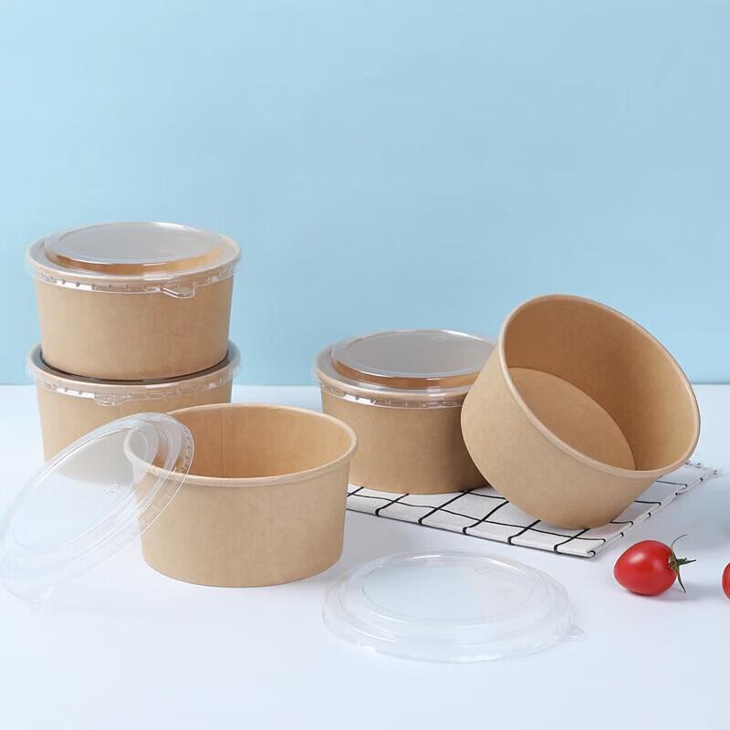 Fangcaodi 1000ml Disposable Kraft Paper Takeout Bowls with Lids (50-Count)