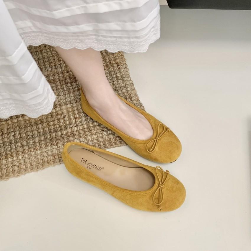 Spring and summer 2025 new bow suede shallow mouth single shoes round head comfortable soft sole not tired feet Doudou women's shoes