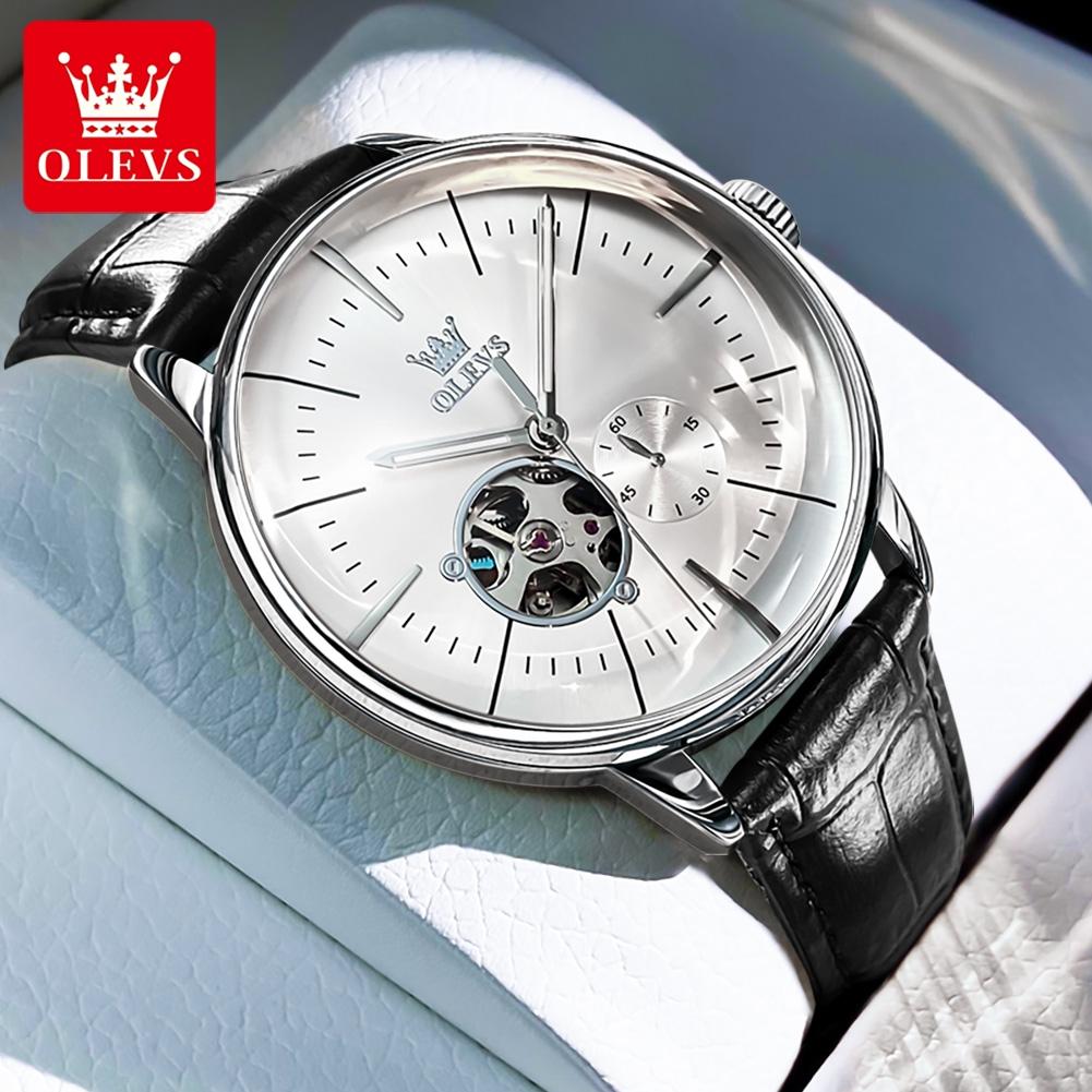 OLEVS 6708 Fashion Men's Watches Leather Strap Original Brand Self-winding Automatic Mechanical Wristwatch for Man Waterproof