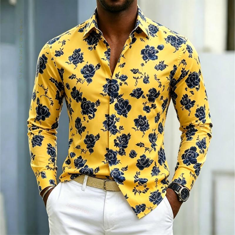 Camicia da uomo con stampa di rose blu europee e americane, camicia a maniche lunghe, sfondo bianco, fiore di rosa, slim, casual, taglie XS-6XL